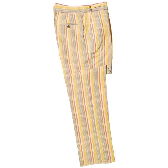 Mens Gurkha Pants 38 Yellow Pink Striped Cotton Trousers Straight Fit Flat Front - Picture 2 of 8